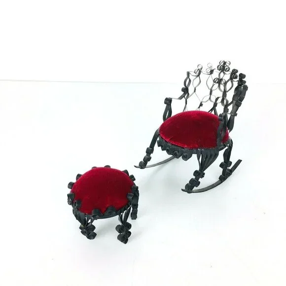 Vtg Tin Can Rocking Chair Ottoman Victorian Dollhouse Furniture Folk Tra… - Picture 3 of 9